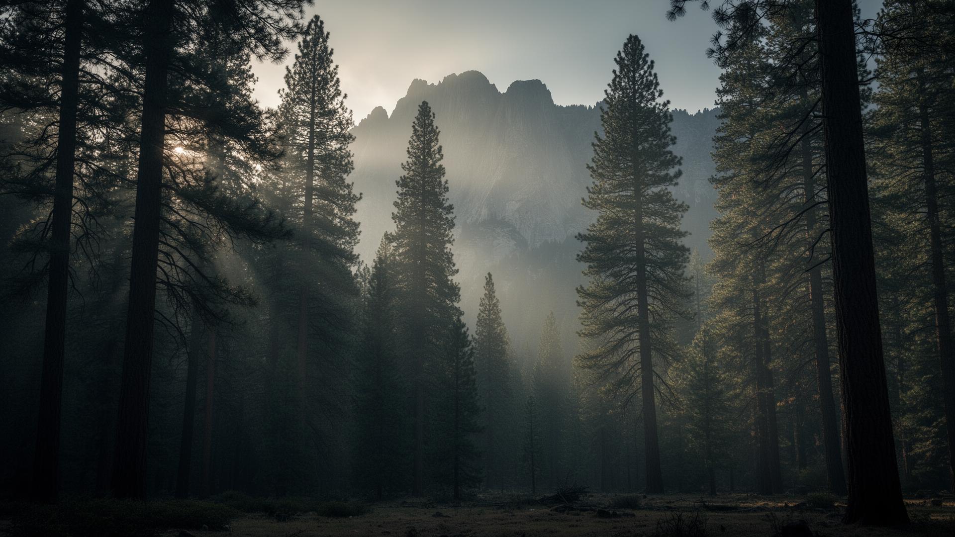 Sierra Nevada pine forest at first light with granite peaks